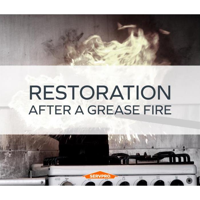 Fire in cooking pot with text: Restoration After a Grease Fire