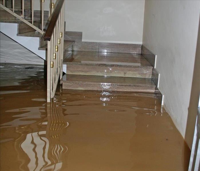 Flood water in a home level of water reaches the stairs