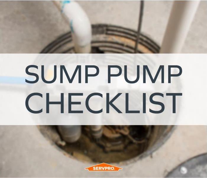 Photo of sump pump blurred with text in white box "Sump Pump Checklist"